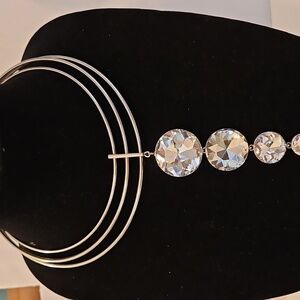 4 Large Crystals on Silvertone Metal Modern Choker Necklace